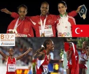 Puzle Alemitu 5000 m šampion Bekele, Elvan Abeylegesse a Sara Moreira (2. a 3.) z Mistrovství Evropy v atletice Barcelona 2010