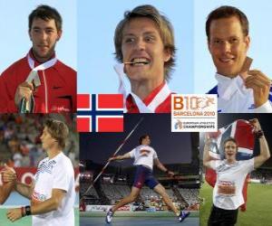 Puzle Andreas Thorkildsen Hod oštěpem šampion, Matthias Zord a Tero Pitkämäki (2. a 3.) z Mistrovství Evropy v atletice Barcelona 2010