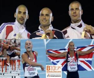 Puzle Andy Turner 110 m překážek šampion, Garfield Darien a Daniel Kiss (2. a 3.) z Mistrovství Evropy v atletice Barcelona 2010