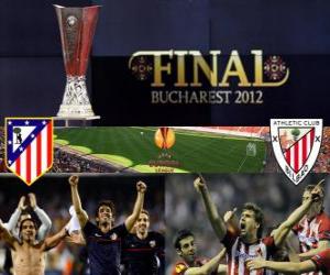Puzle Atlético Madrid vs. Athletic Bilbao. Finále evropské ligy 2011-2012 na národním stadionu v Bukurešti, Rumunsko