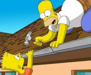 Puzle Bart je visel ze střechy, když pomáhal jeho otec Homer opravy
