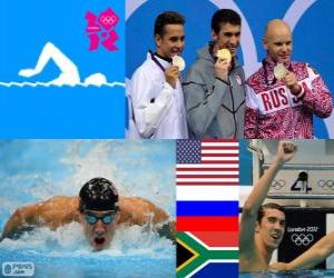 Puzle Basen 100 m styl mężczyzn Butterfly dekoracji, Michael Phelps (Stany Zjednoczone), Jewgienij Korotyshkin (Rosja), Chad le Clos (RPA) - London 2012-