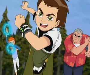 Puzle Ben 10 s cizinci Omnitrix hodinky na zápěstí vedle svého bratrance Gwen a jejich dědeček Max