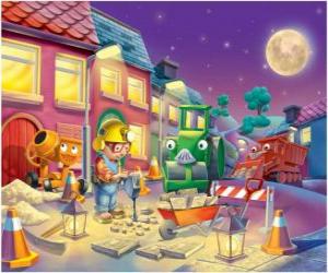 Puzle Bob a jeho přátelé v noci trabajano opravu ulice města