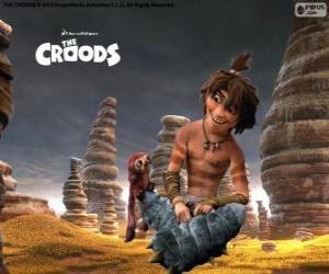 Puzle Boy, chytrý dospívající  který ukazuje nový svět k Croods rodině