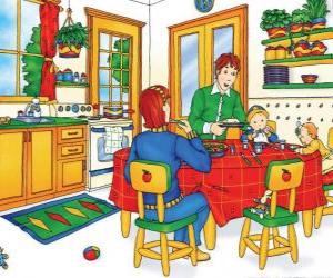 Puzle Caillou a jeho rodina jíst v kuchyni