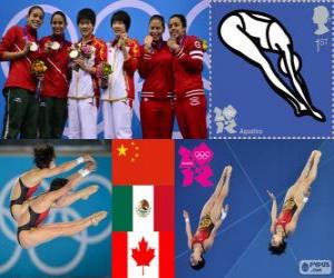 Puzle Chen Ruolin a Wang Hao (Čína), Paola Espinosa, Alejandra Orozco (Mexiko) a Meaghan Benfeito, Roseline Filion (Kanada) - London 2012 - platforma pódiu ženy synchronizované 10 m