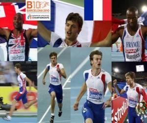 Puzle Christophe Lemaître 100m šampion Mark Lewis-Francis a bojová Mbandjock (2. a 3.) z Mistrovství Evropy v atletice Barcelona 2010