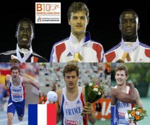 Puzle Christophe Lemaître 200 m šampion, Christian Malcolm a bojová Mbandjock (2. a 3.) z Mistrovství Evropy v atletice Barcelona 2010