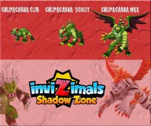 Puzle Chupacabra Cub, Chupacabra Scout, Chupacabra Max. Invizimals Shadow Zone. Zvíře legenda, upír, který je napůl netopýra, napůl drak