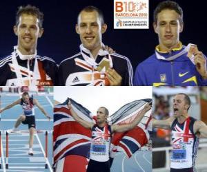 Puzle David Greene 400 metrů překážek šampion, Rhys Williams a Stanislav Melnykov (2. a 3.) z Mistrovství Evropy v atletice Barcelona 2010