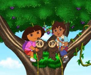 Puzle Dora a bratrancem Diega do stromu dva medvídci pomoc