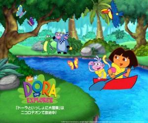 Puzle Dora a její přítel Boty tu opici na lodi