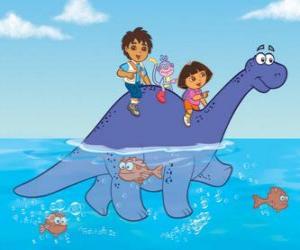 Puzle Dora, její bratranec Diego, boty opice přechod jezera na vrcholu Dinosaur