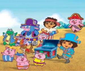 Puzle Dora se svými přáteli hraje na piráty
