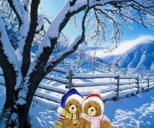 Puzle dvou medvídcích velmi teplý v krajině Vánoce