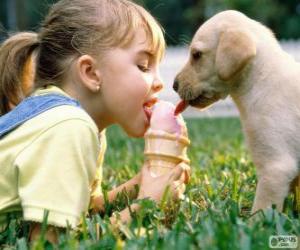 Puzle Dívka a pes sdílení ice cream