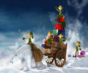 Puzle Elfové pomáhá Santa Claus doručit vánoční dárky