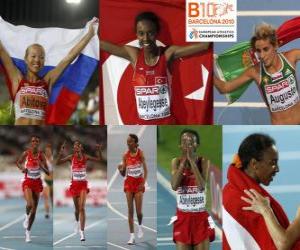 Puzle Elvan Abeylegesse v 10000 metrů šampion, Inga Abitova a Jessica Augusto (2. a 3.) z Mistrovství Evropy v atletice Barcelona 2010