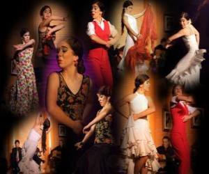 Puzle Flamenkové tanečnice. Flamenco má svůj původ ve folklóru lidí cikánské a populární kulturu Andalusie, Španělsko