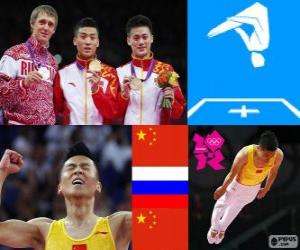 Puzle Gimnastyka dekoracji w skoki na trampolinie mężczyzn, Dong Dong (Chiny), Dmitry Uszakow (Rosja) i Lu Chunlong (Chiny) - London 2012 -