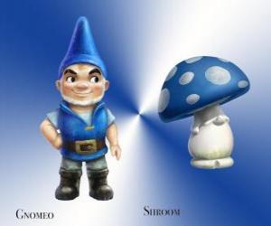 Puzle Gnomeo je hezký a hrdý Blue Garden Gnome, spolu s jeho loajální a věrný společník omítky Houbová Shroom