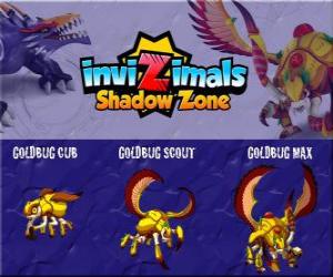 Puzle Goldbug Cub, Goldbug Scout, Goldbug Max. Invizimals Shadow Zone. Zlatý brouk pochází ze starověkého Egypta faraonů. Invizimal rychle a tvrdě