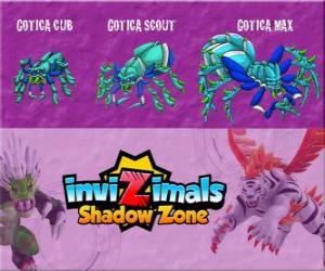 Puzle Gotica Cub, Gotica Scout, Gotica Max. Invizimals Shadow Zone. Malý Invizimal ale s obrovskou moc, je Gotica báli všichni v mexické džungli