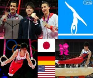 Puzle Gymnastika mužů umělecké individuální celkového pódium, Koheii Uchimura (Japonsko), Marcel Nguyen (Německo) a Danell Leyva (Spojené státy) - London 2012-