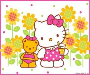 Puzle Hello Kitty s pitím v přírodě se svým plyšovým medvědem Tiny Chum