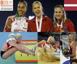 Puzle Ineta Radevica Long Jump šampion, Naide Gomes a Olga Kucherenko (2. a 3.) z Mistrovství Evropy v atletice Barcelona 2010