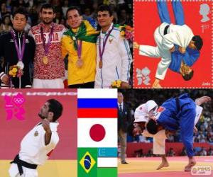 Puzle Judo mužů - 60 kg pódium, tím Galstian (Rusko), Hiroaki Hiraoka (Japonsko) a Philip Kitadai (Brazílie), Sobirov (Uzbekistán) - London 2012 - Rishod