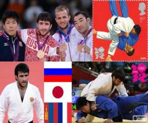 Puzle Judo mužů - 73 kg pódium, Mansur Isajev (Rusko), Riki Nakaya (Japonsko) a Nyam-Ochir Sainjargal (Mongolsko), Legrand Ugo (Francie) - London 2012-