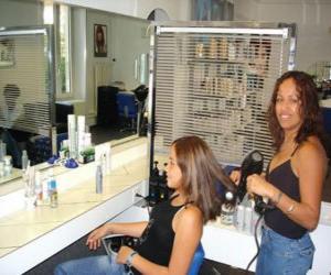 Puzle Kadeřnictví česání a sušení vlasů, aby klient v beauty salonu nebo kadeřnictví
