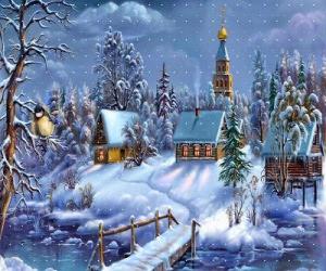 Puzle Kostel na Vánoce s fir pod hvězdami