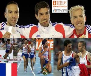 Puzle Mahiedine Mekhissi-Benabbes 3000 m steeplechase šampion, Bouabdellah Tahri a Jose Luis Blanco (2. a 3.) z Mistrovství Evropy v atletice Barcelona 2010