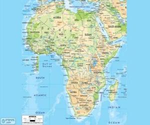 Puzle Mapa Afriky. Na africkém kontinentě se nachází mezi Atlantiku, indického a Tichého oceánu. To je také ohraničené Středozemní moře a Rudé moře