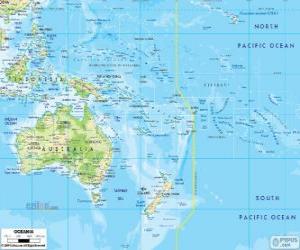 Puzle Mapa Oceánie. Kontinent tvoří Austrálie a další ostrovy a souostroví v Tichém oceánu