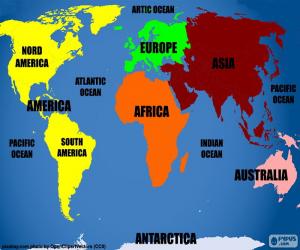 Puzle Mapa světa s kontinenty a oceány