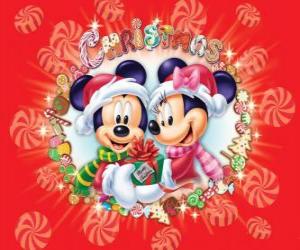 Puzle Mickey Mouse a Minnie wraped warm up se Santa Claus čepice