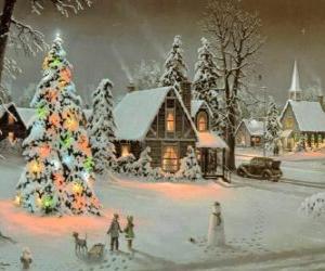 Puzle Město zcela sníh-zahrnuté během vánoční sezóny