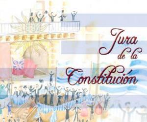 Puzle Nadávky ústavy Uruguay. Každoročně v červenci slaví 18 přísahu první národní ústava 1830
