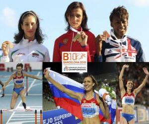 Puzle Natalia Antiuj 400 metrů překážek šampion, Vania Stambolova a chvění-Drayton Perri (2. a 3.) z Mistrovství Evropy v atletice Barcelona 2010