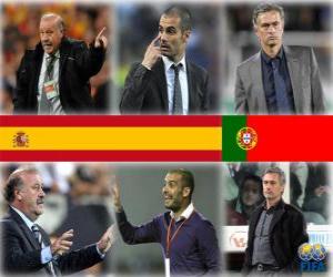 Puzle Nominace na mistrovství světa trenér roku pro fotbal mužů pro rok 2010 (Vicente del Bosque, Pep Guardiola, José Mourinho)