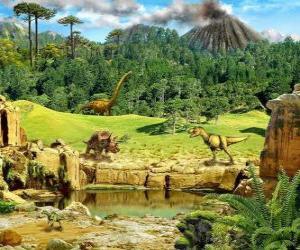 Puzle Několik dinosaurů s sopka propukl v pozadí