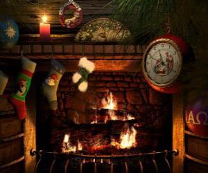 Puzle Oheň zapálil na Štědrý den s ponožkami zavěšení