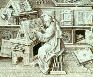 Puzle Opisovač mnich práci s perem a inkoustem na pergamenu nebo papíru v scriptorium