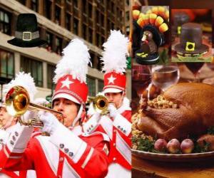 Puzle Oslava Den díkůvzdání tradiční krocan a poutníci typickým kloboukem. U. S. Držel čtvrtý čtvrtek v listopadu