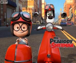 Puzle Pan Peabody a Sherman na motocyklu s postranním vozíkem