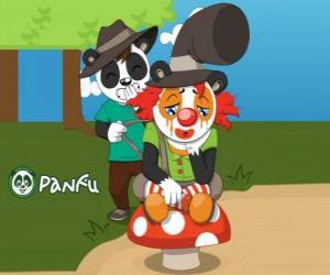Puzle Panfu klaun sedí na houby, zatímco další otravné panda